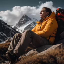 a man sitting on a large rock in front of snowy mountains