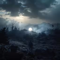 man in the wilderness at sun rising with storm clouds