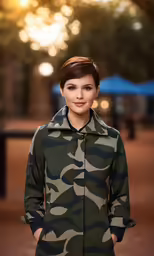 a woman wearing a camouflage coat posing for a photo