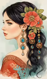 the head of a woman in a red dress with flowers on her head