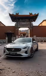 a beautiful silver car that is sitting in front of some buildings