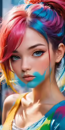 a woman with multicolored hair and makeup
