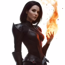 a woman dressed in leather with a flame