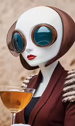 a female mannequin wearing goggles and holding a wine glass