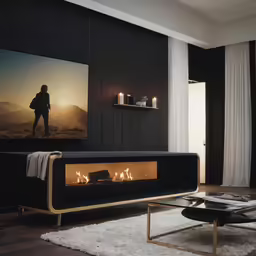 the modern fireplace is lit in the living room