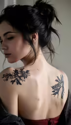 an asian woman wearing a black tattoo with leaves