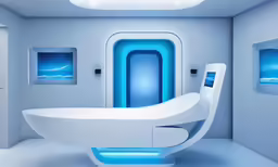 a futuristic office is pictured with blue light