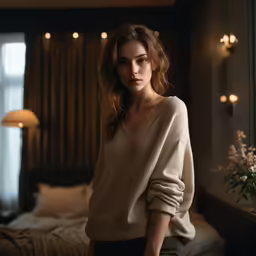 a young woman sitting in front of a bedroom