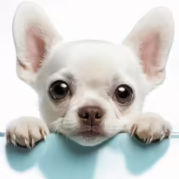 a white chihuahua with brown eyes laying on top of a blue surface