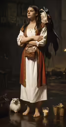 woman dressed in renaissance costume next to a bird