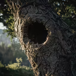 an animal nest in a tree that is made from twigs