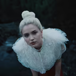a person with very big hair wearing a white feathered cloak