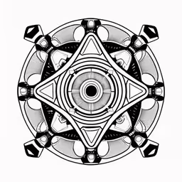 an abstract design with three circles on the center and one in the middle,an artistic circular design with lines and black circles,an artistic black and white image,an art work with various geometric designs,an image of an abstract design