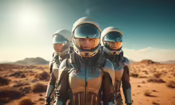two astronauts are walking in a desert field