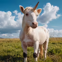a white and tan unicorn standing on top of a grass field