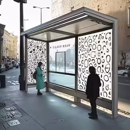 two people looking into a shop window while standing next to the street