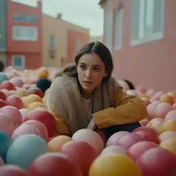 a woman is crouching in a sea of multi colored balloons