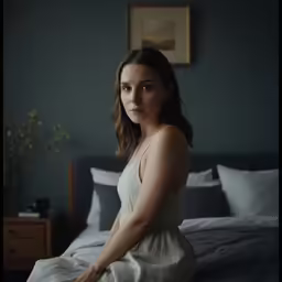 a woman poses for the camera on a bed