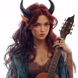 the redheaded woman with horns on her head is holding a guitar