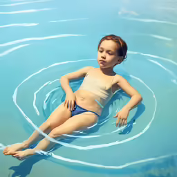 a young girl relaxing in a pool of blue water