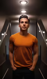 the man is standing alone in the hallway