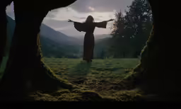 a woman with arms outstretched standing behind some moss covered trees