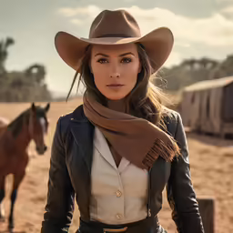 a woman in leather jacket standing next to a horse