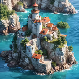 an island is in the water near a cliff