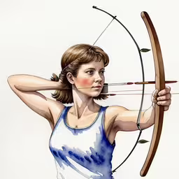 a painting of a woman with bow and arrow,a watercolor painting of a woman aiming her bow at an object