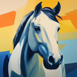 a painting of a white horse with blue eyes