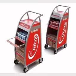 two soda coolers sitting on wheels next to each other