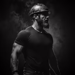 a man with a beard, wearing an industrial style helmet