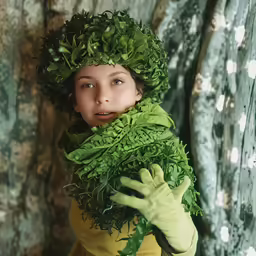 girl in a leafy green wig holding hands on her face