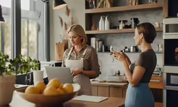 two women are working at a counter talking and smiling