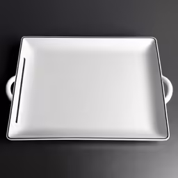 a square platter with two handles and some lines at the edge