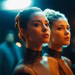 two women in formal wear stand next to each other
