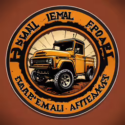 an old - fashioned truck repair logo, with a rusted background,the emblem for a jeep that is made in a car dealership