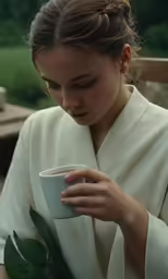 a woman with brown hair is holding a cup