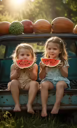 two children sitting on the back of an old truck eating watermelon