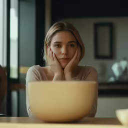 a woman sitting at a table with her hand to her face