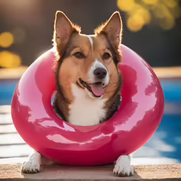 a dog laying on the ground near a pool of water