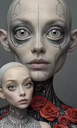 an alien woman with large blue eyes holding onto a doll