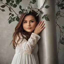 a woman standing under a leaf filled tree
