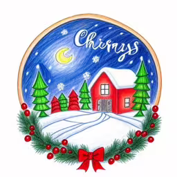 a christmas card with a house surrounded by trees,christmas card with a painted image of a red cabin in the background with evergreen trees and pine cones with berries,a christmas themed plate has the word