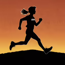 a girl running along side a bright orange sky