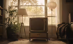 an old - fashioned television sits in a darkened bedroom, surrounded by plants and a lamp