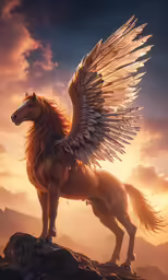 the horse has large, white feathers on its wings