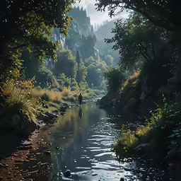a man standing on top of a river near a forest