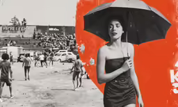 an old photo of a woman in a bathing suit with an umbrella