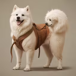 two white dogs are standing side by side